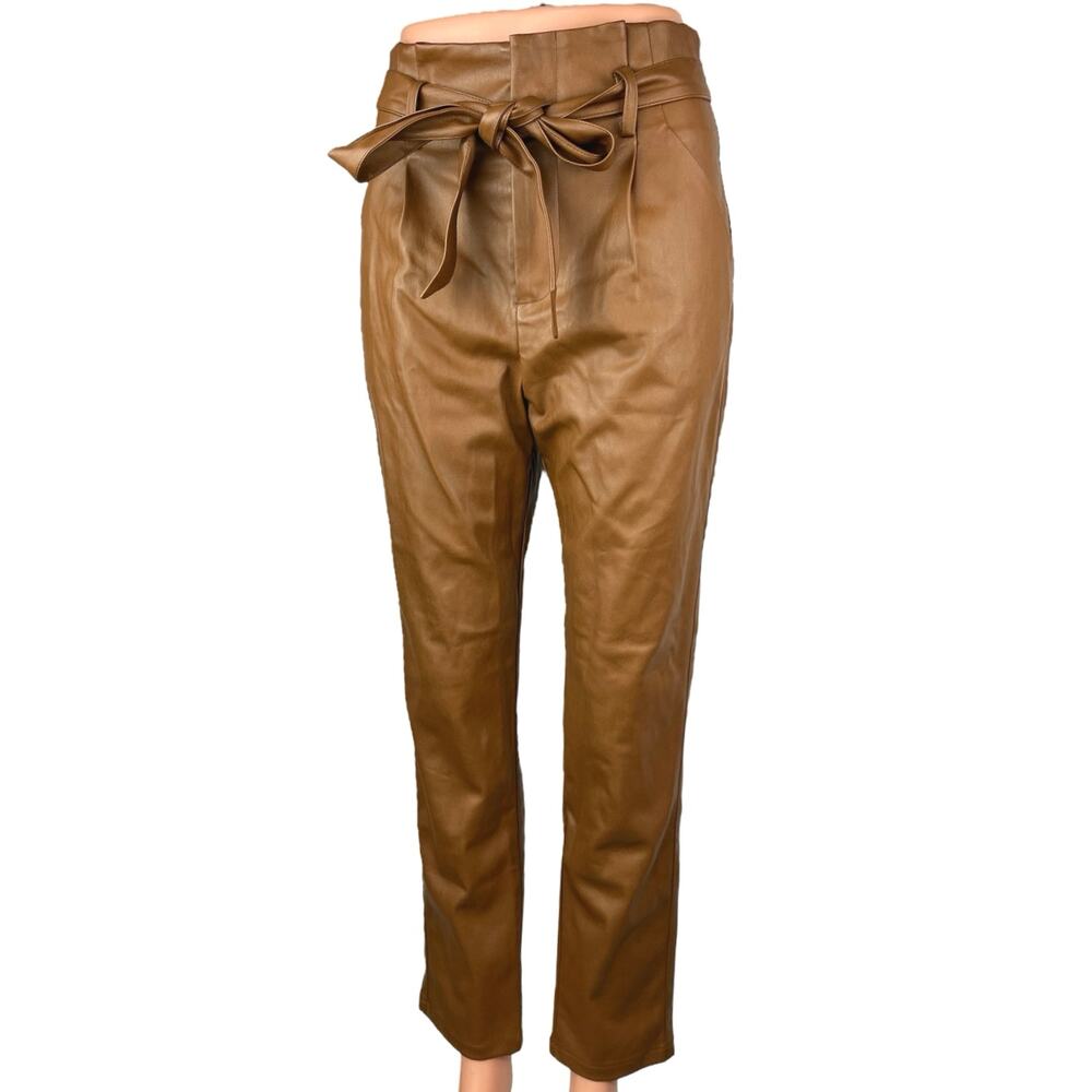 NEW Lucy Paris Brown Faux Vegan Leather Paperbag Tie Belt Trousers Pants Sz S - Picture 1 of 6